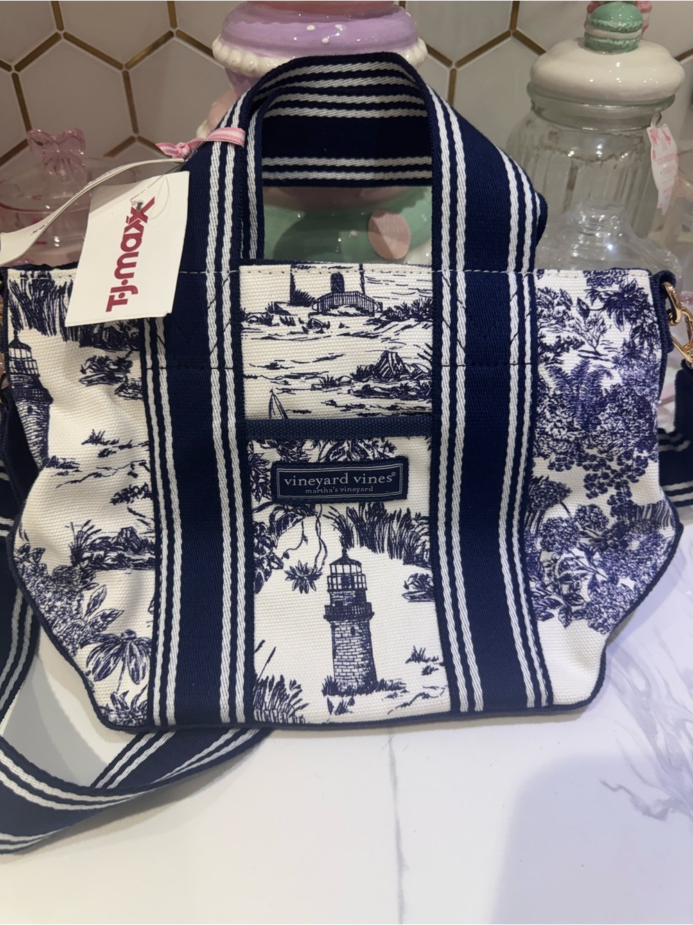 Vineyard Vines Navy and White Toile Mini Tote - Picture 2 of 3